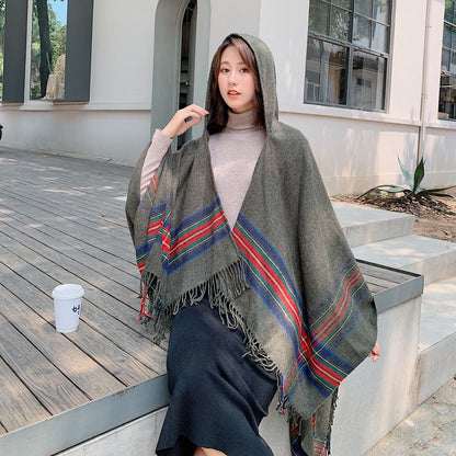 Ethnic Style Cape Shawl Women'S Cape With Hat Thickened Warm Tibetan Scarf Cape Jacket