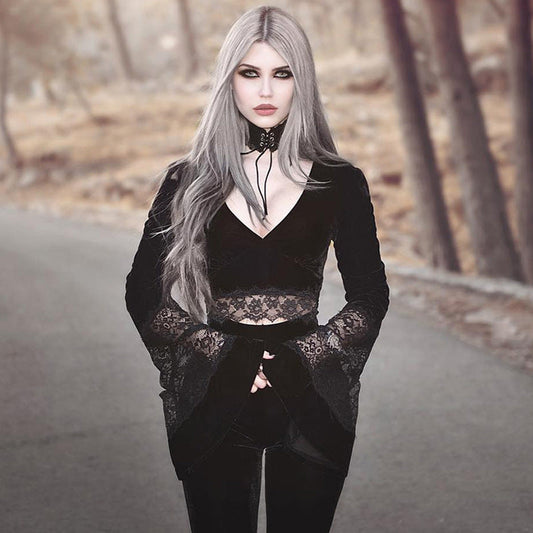 Sheer Crop Top With Lace Insert And Bell Sleeves