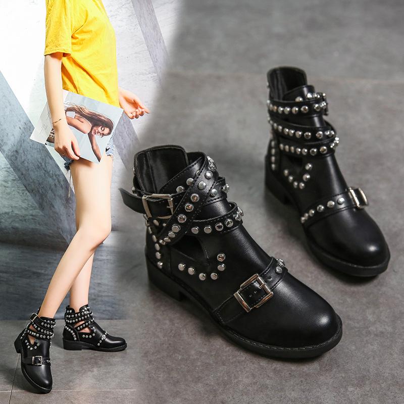 Round Head Stylish Metal Rivet Belt Buckle Martin Boots Women'S Boots.