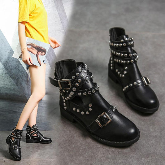 Round Head Stylish Metal Rivet Belt Buckle Martin Boots Women'S Boots.