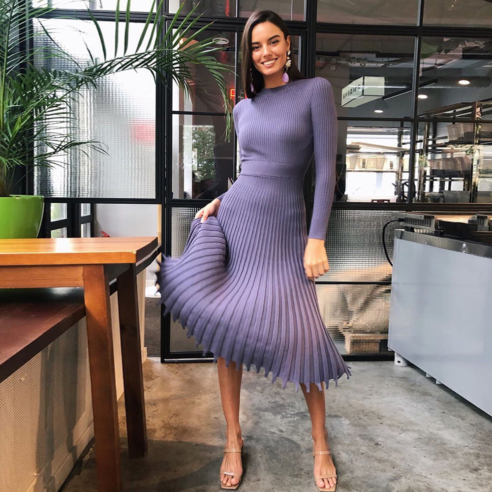Fashion Women'S Medium Length Sweater Knitted Solid Pleated Dress