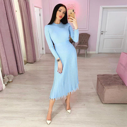 Fashion Women'S Medium Length Sweater Knitted Solid Pleated Dress