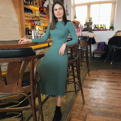 Fashion Women'S Medium Length Sweater Knitted Solid Pleated Dress