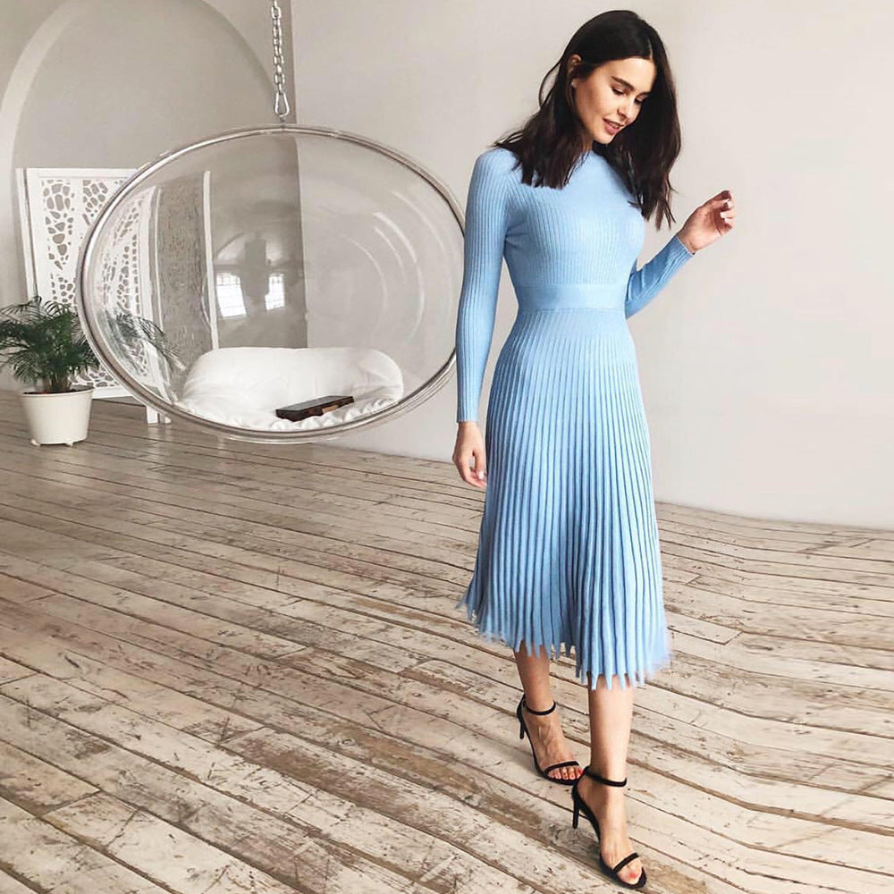 Fashion Women'S Medium Length Sweater Knitted Solid Pleated Dress