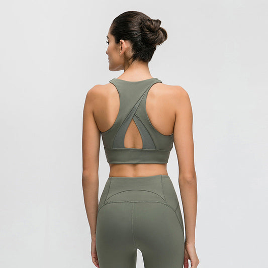 High Collar Sports Bra Triangle Hollow Back Gathered Shockproof Yoga Exercise Underwear Women