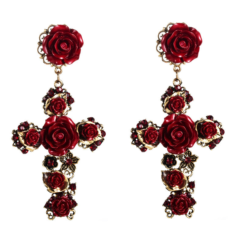 Fashionable Baroque Rose Flower Long Drop Earrings