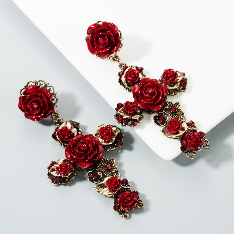 Fashionable Baroque Rose Flower Long Drop Earrings
