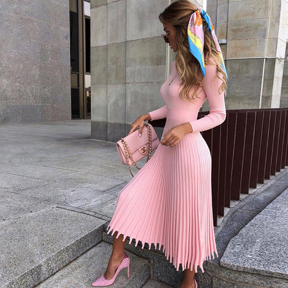 Fashion Women'S Medium Length Sweater Knitted Solid Pleated Dress