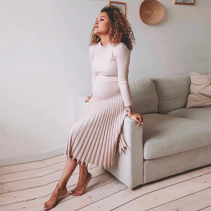 Fashion Women'S Medium Length Sweater Knitted Solid Pleated Dress