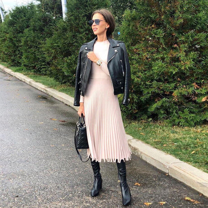 Fashion Women'S Medium Length Sweater Knitted Solid Pleated Dress