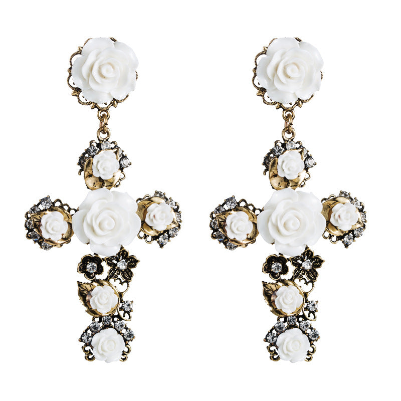 Fashionable Baroque Rose Flower Long Drop Earrings