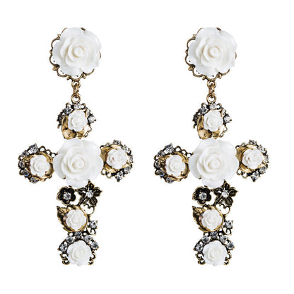 Fashionable Baroque Rose Flower Long Drop Earrings