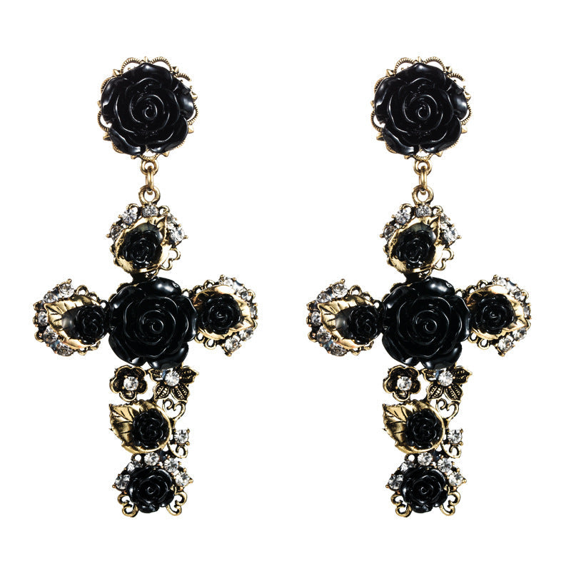 Fashionable Baroque Rose Flower Long Drop Earrings
