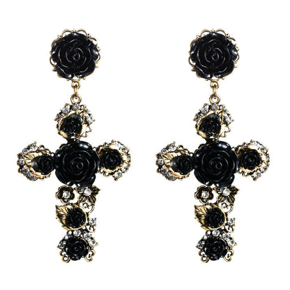 Fashionable Baroque Rose Flower Long Drop Earrings