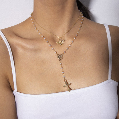 Vintage Angel Geometric Y-Shaped Necklace With Pearl Tassel