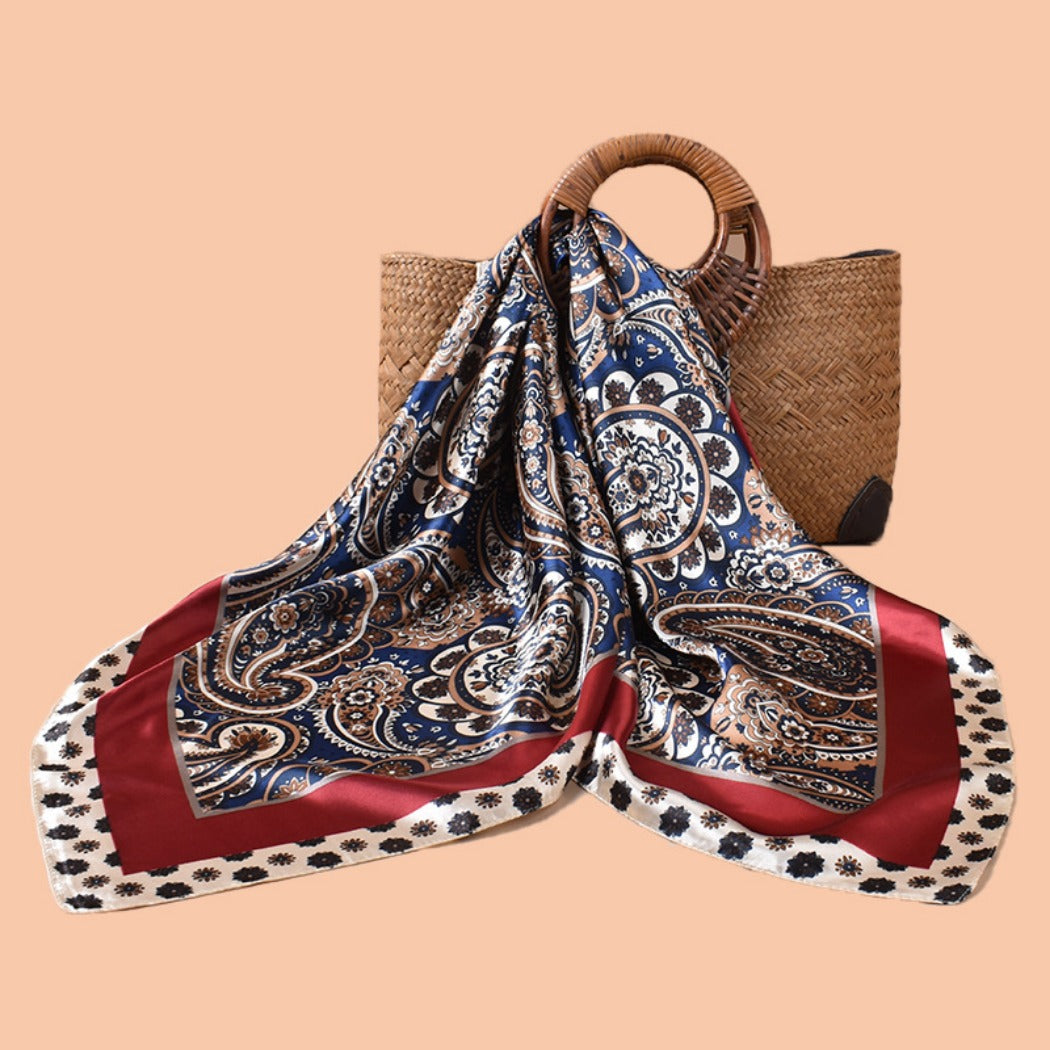 Scarvii - Vintage Paisley Silky Square Scarf - Orange/Blue