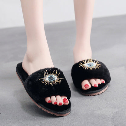Soft Beaded Tassel Evil Eye Fuzzy Slippers
