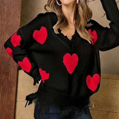 Christmas Sweater Love Splicing V Turtleneck Sweater Women'S Loose Pullove