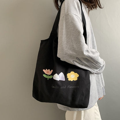Hill And Flower Print Canvas Bag