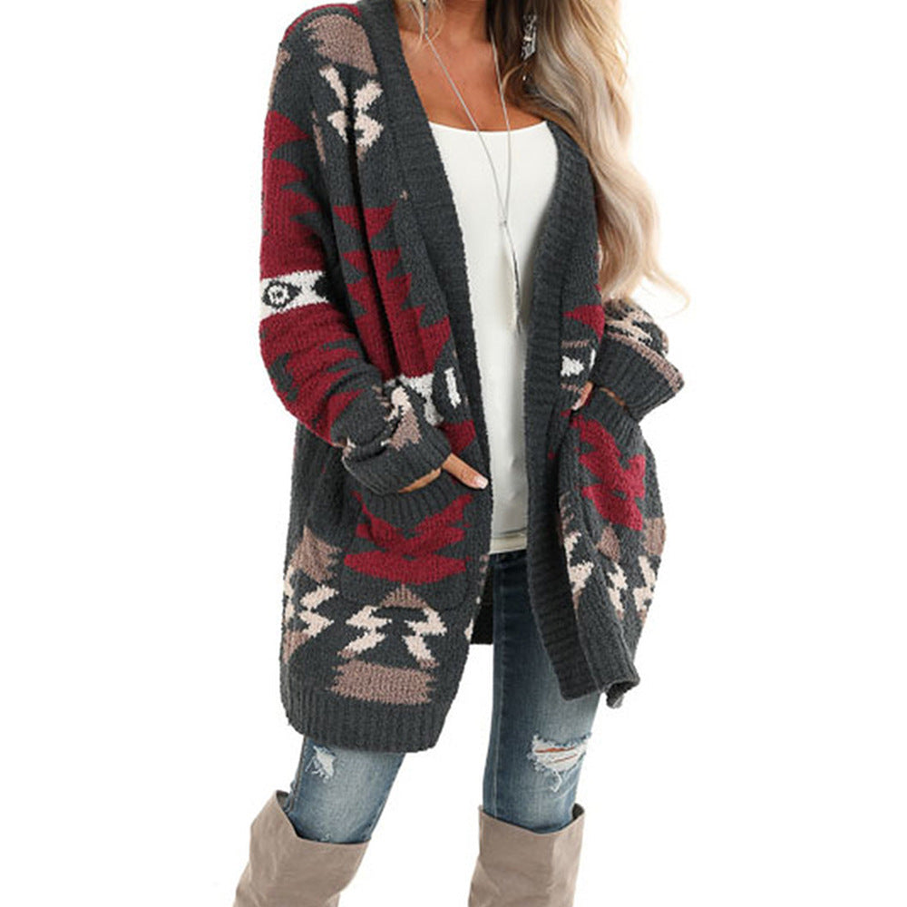 Medium And Long Cardigan Sweater Women Winter New Geometric Pattern Baggy Sweater