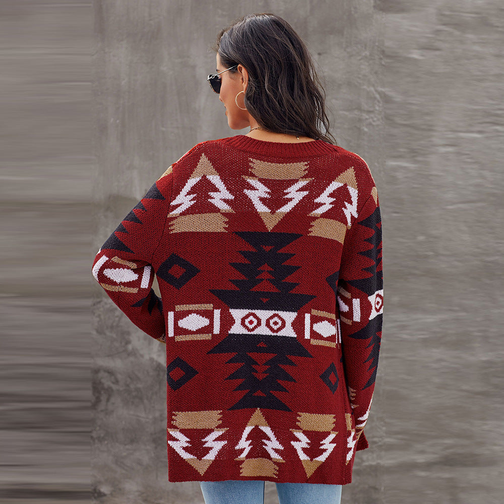 Medium And Long Cardigan Sweater Women Winter New Geometric Pattern Baggy Sweater