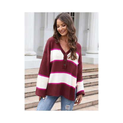 Casual Long Sleeves Loose Striped V-Neck Sweater Tops