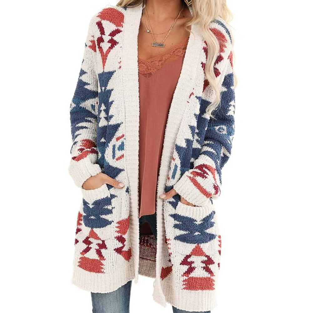Medium And Long Cardigan Sweater Women Winter New Geometric Pattern Baggy Sweater