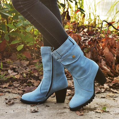 High-Heeled Denim Medium-Length Women'S Boots