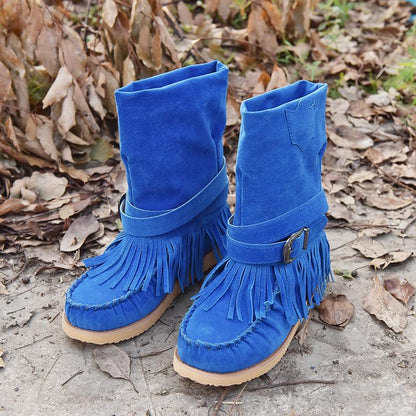 Tassel Flat Sole Large Buckle Hand Sewn National Style Cotton Boots