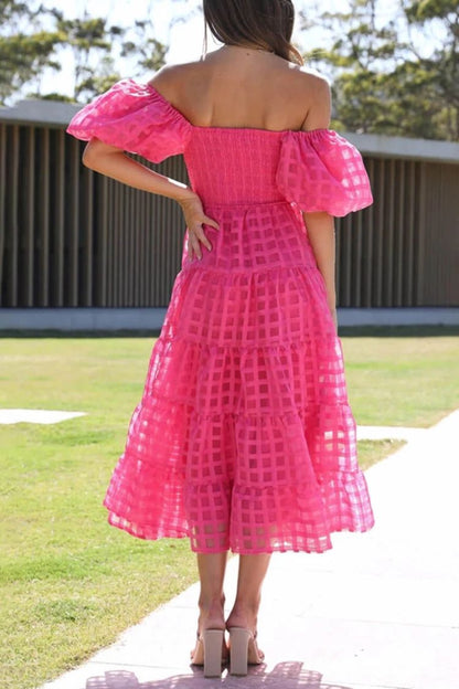 Fashionable One-Shoulder Chiffon Puff Sleeve Swing Midi Dress