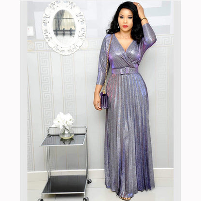 Women'S Fashion Long Sleeve Foil Gold Pleated Pleated Skirt With Belt Glitter Fabric