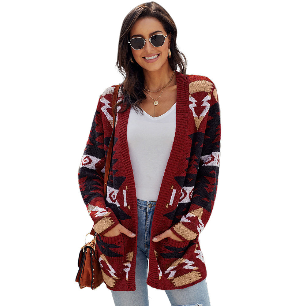 Medium And Long Cardigan Sweater Women Winter New Geometric Pattern Baggy Sweater