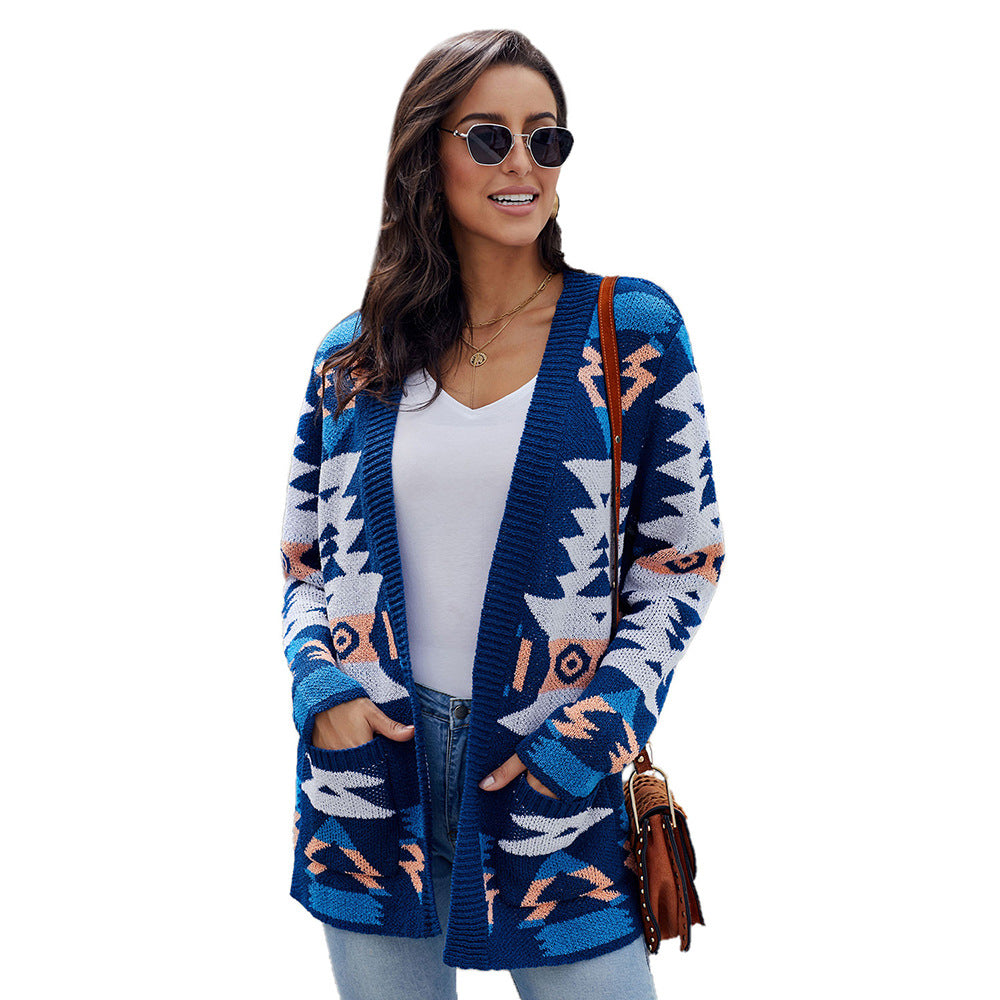 Medium And Long Cardigan Sweater Women Winter New Geometric Pattern Baggy Sweater