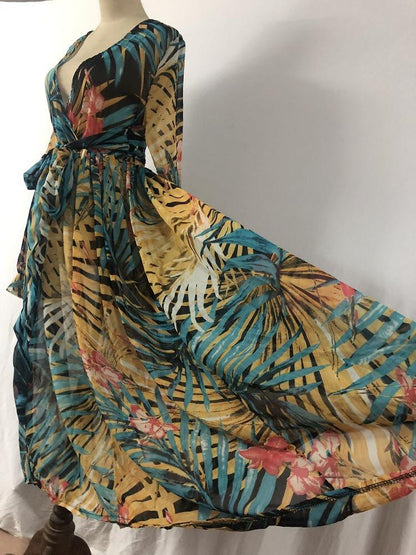 Chiffon Long Sleeves Dress Robe V Neck Floral Bohemian Boho Dress Long Dress Big Hem Maxi Dress