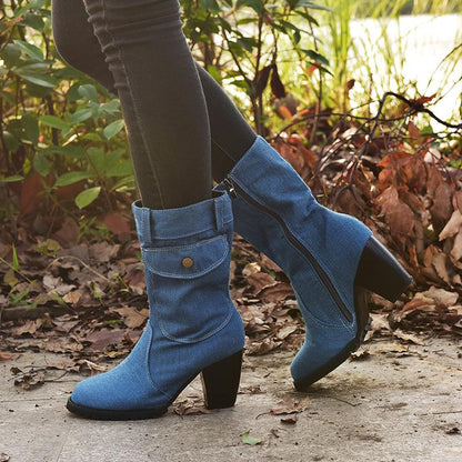 High-Heeled Denim Medium-Length Women'S Boots