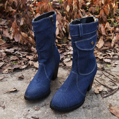 High-Heeled Denim Medium-Length Women'S Boots