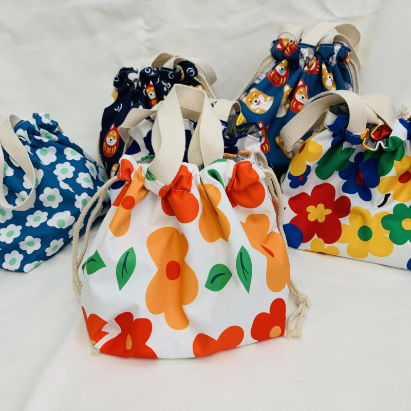 Cute Cartoon Flower Dog Lunch Bag Waterproof Drawstring Tote
