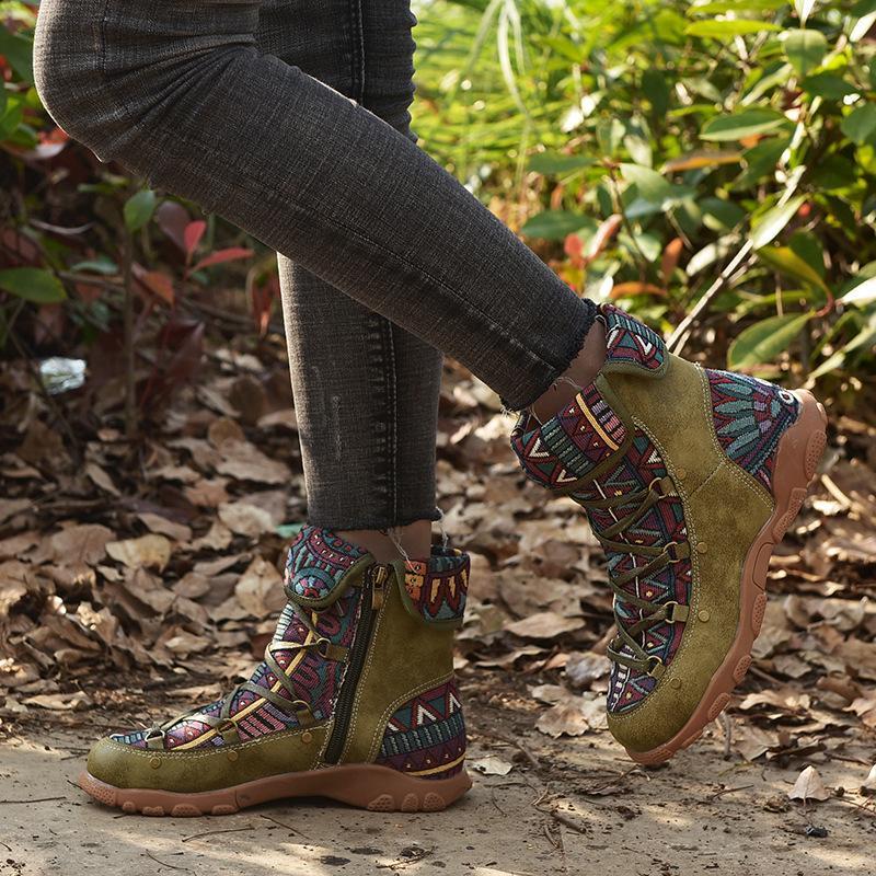 Flat-Bottomed Retro Ethnic Women With Velvet Martin Boots