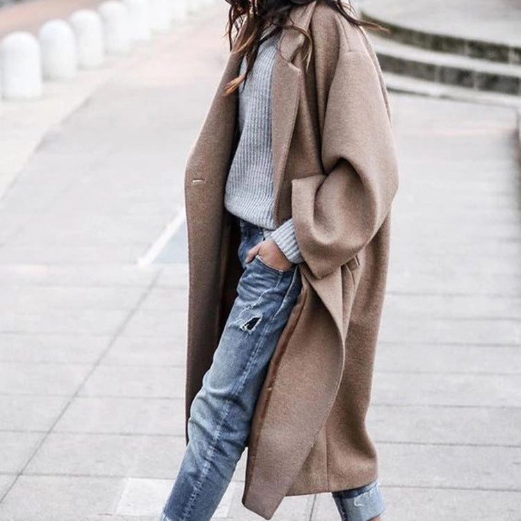 Casual Long Coat Elegant Solid Color Warm Wool Blend Outerwear