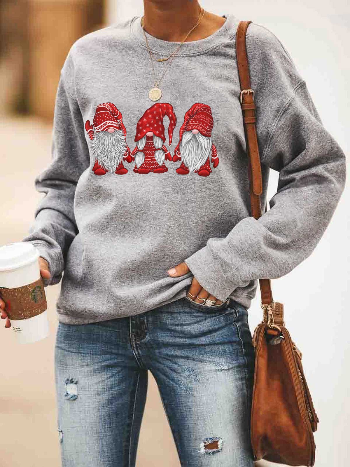 Christmas Women'S Clothing Three Santa Claus Pattern Print Round Collar Long-Sleeved Headcoat
