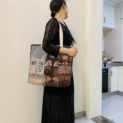 Cat-Themed Canvas Shoulder Bag Trendy Large Tote