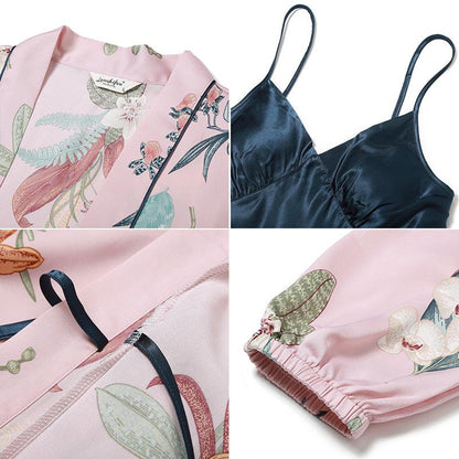 Suspender Ice Silk Solid Color Nightdress Set Printing Long Sleeve Nightgown Autumn And Winter Sexy Two Piece Set With Belt Pad