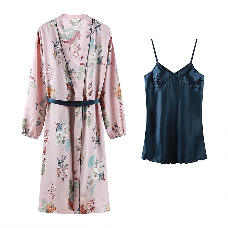 Suspender Ice Silk Solid Color Nightdress Set Printing Long Sleeve Nightgown Autumn And Winter Sexy Two Piece Set With Belt Pad