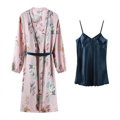 Suspender Ice Silk Solid Color Nightdress Set Printing Long Sleeve Nightgown Autumn And Winter Sexy Two Piece Set With Belt Pad