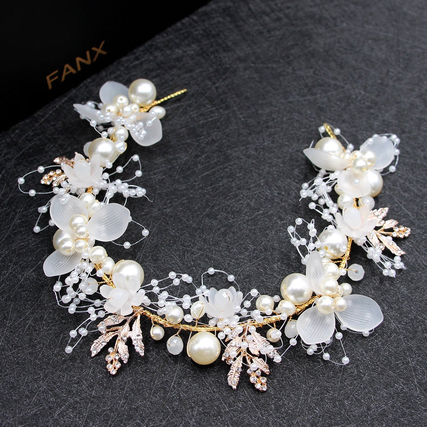 Bridal Pearl Flower Headband with Gold Leaf Accents