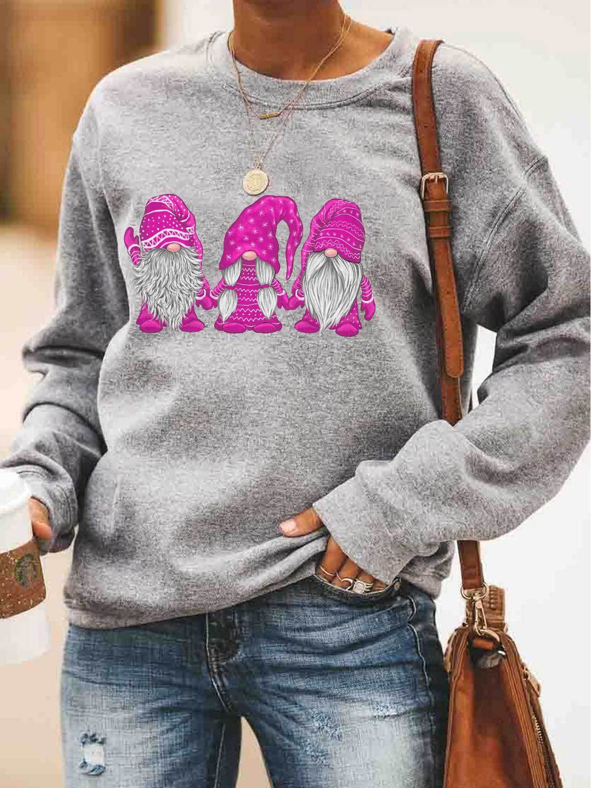 Christmas Women'S Clothing Three Santa Claus Pattern Print Round Collar Long-Sleeved Headcoat
