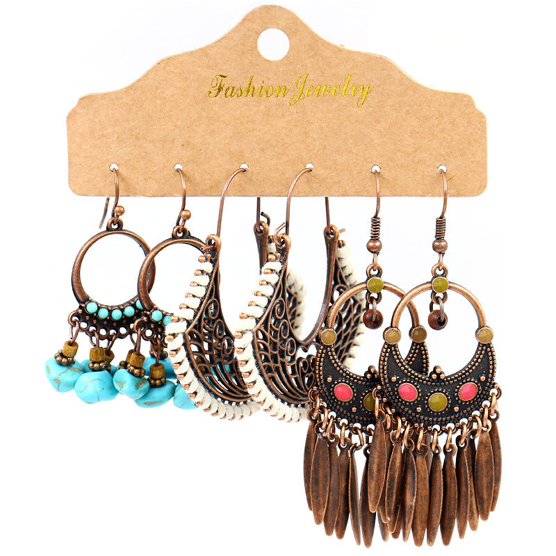 Vintage Circle Metal Tassel Earrings Set for Women