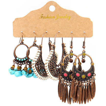 Vintage Circle Metal Tassel Earrings Set for Women
