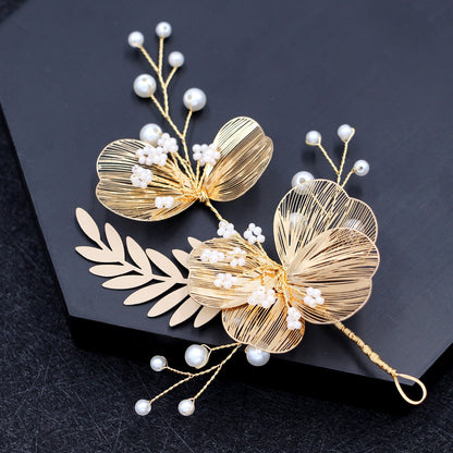 Elegant Golden Flower Headpiece with Earrings for Weddings