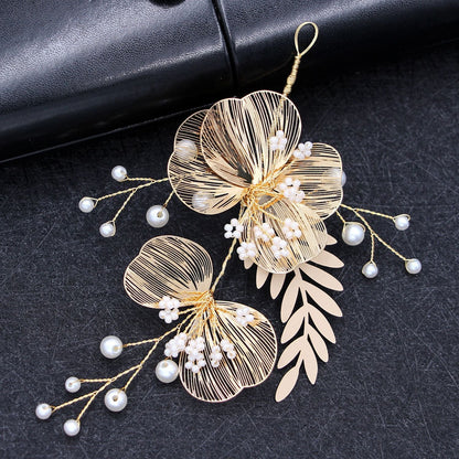 Elegant Golden Flower Headpiece with Earrings for Weddings